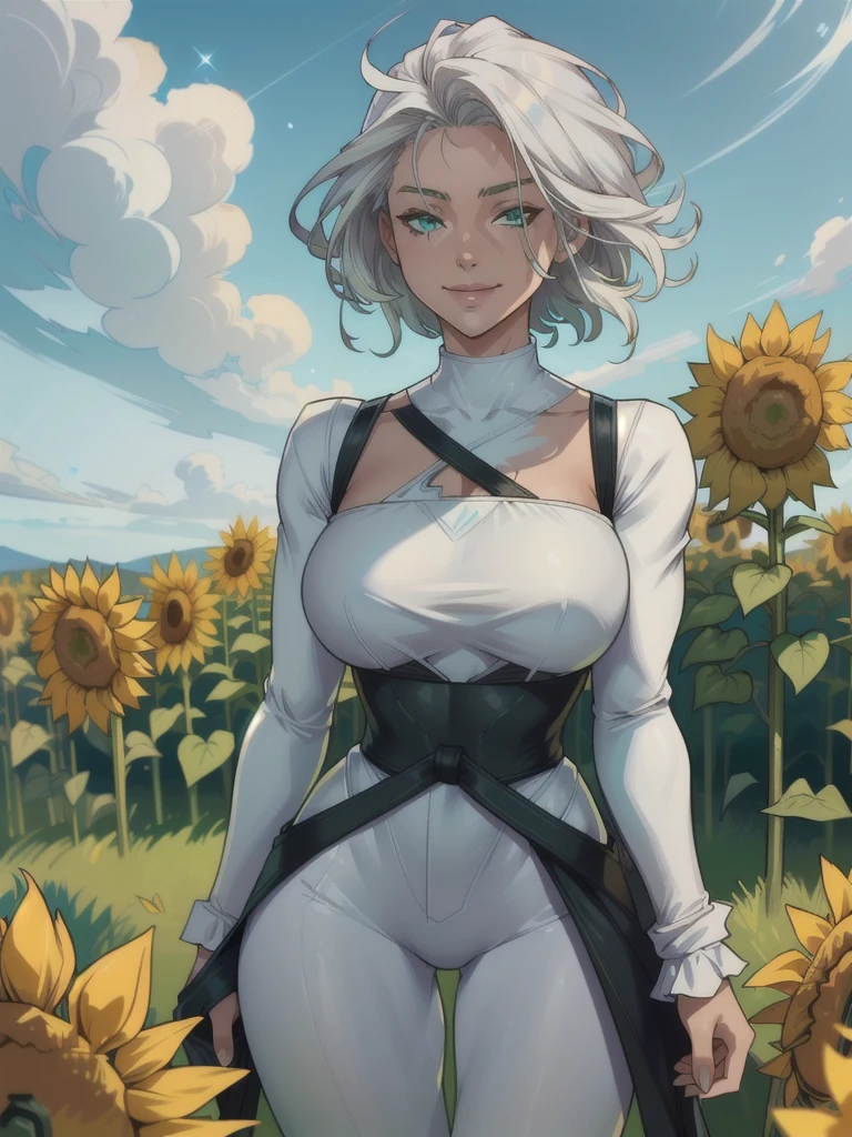 ((ultra detaild, work of art, best qualityer))
 Features of W3, 1 girl, standing alone, White hair, greeneyes, scar on the face, surrounded by sunflowers in a bright field, smiling, glad