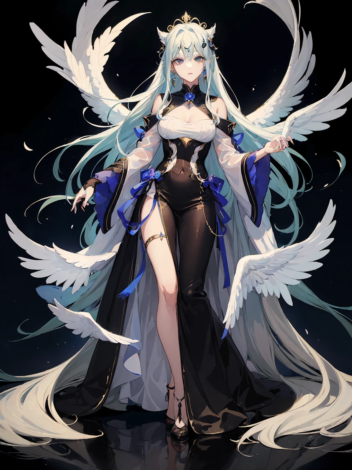 (Designed by nty:1.4),Full-length portrait of 1 , design de personagem de yoshitaka amano,only,angelic, symmetric beauty, the angel&#39;s wings, gorgeous long dress, Get up, (((only))), Color placement，clear facial features, Clean line design, magic elements, future-tech, ((tarot card background)), Figure standing figure, ((flat-colors)), (Masterpiece artwork，maximum quality，best qualityer，ultra-high resolution), ((exquisite facial features，clear facial features，beautiful eyes，gorgeous face))