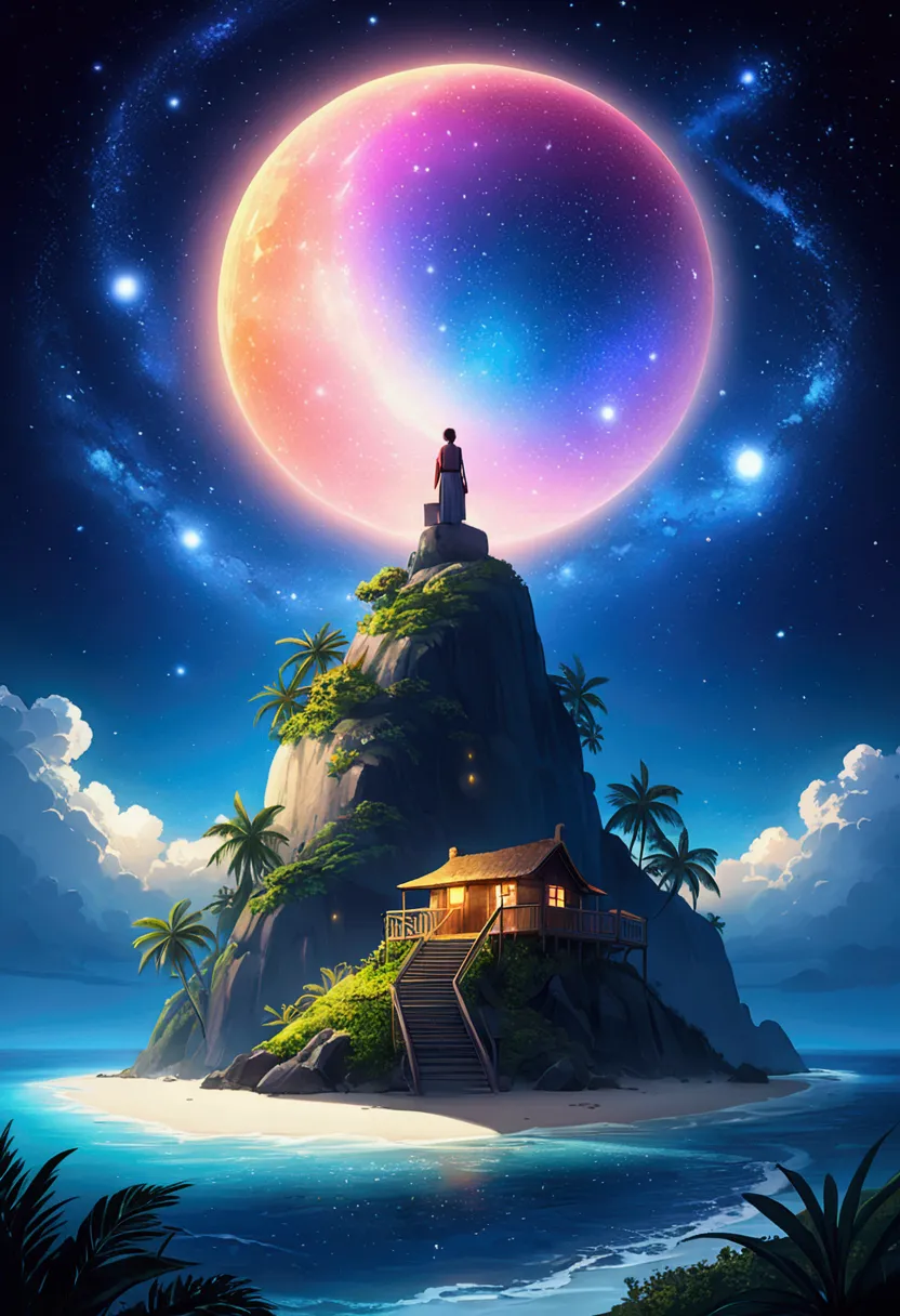 (mysterious island), in starry solstice, inspired by the glow of colorful distant celestial bodies, lighting up the night sky wi...