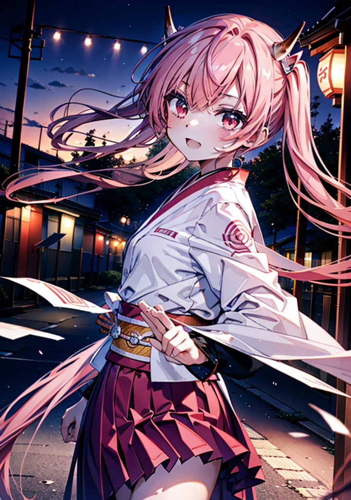 Aria h kanzaki,horn,Pink Hair,Long Hair,low 　Twin tails,小さいhorn,Red eyes,happy smile, smile, Open your mouth,pink kimono,Thick sleeves,Long skirt,日本のfestival,夏festivalの屋台,Red Lantern,night,night空のfirework,firework,場所はfirework大会,時間はnightです,sunny day,turn around,as if,walk,　　　　　　　　　　　　　　　  　　　　　break looking at viewer, Upper Body, (Cowboy Shot:1. 5),  　　　　　
break outdoors, festival,shrine,
break (masterpiece:1.2), Highest quality, High resolution, unity 8k wallpaper, (shape:0.8), (Beautiful attention to detail:1.6), Highly detailed face, Perfect lighting, Highly detailed CG, (Perfect hands, Perfect Anatomy),