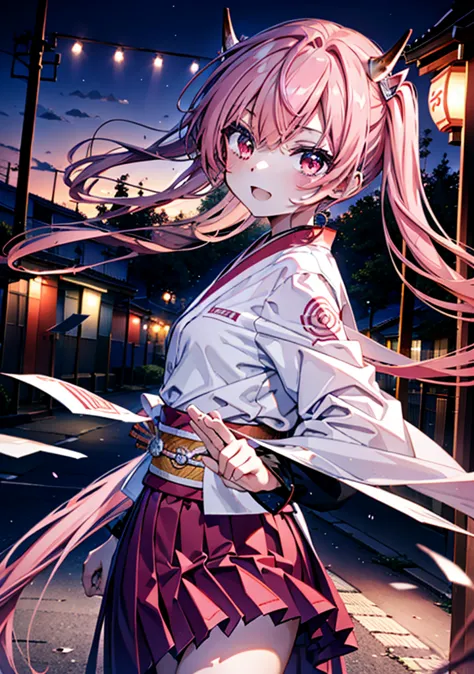 aria h kanzaki,horn,pink hair,long hair,low 　twin tails,小さいhorn,red eyes,happy smile, smile, open your mouth,pink kimono,thick s...