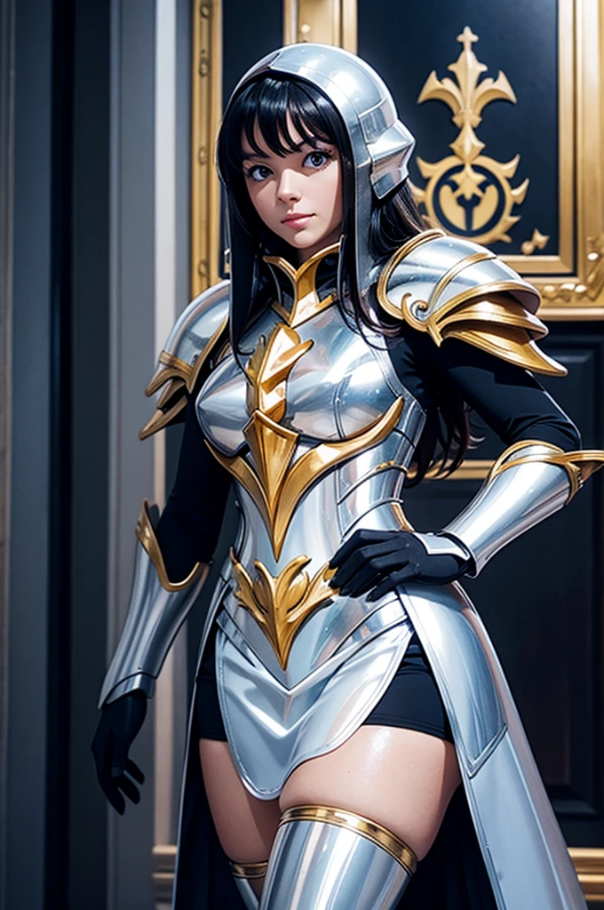 A European adult woman wearing penguin armor. , Saint Seiya , Penguin&#39;s Black and White Armor, Black Hair, Red lips, eye shadow, Natural Makeup, Long and curly hair, Beautiful breasts, Huge breasts、secondlife Avatar, Beautiful screenshots, secondlife, Attractive woman, high quality, Highly detailed skin, Dynamic pose