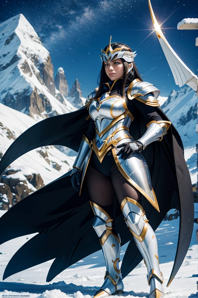 A European adult woman wearing penguin armor. , Saint Seiya , Penguin&#39;s Black and White Armor, Black Hair, Red lips, eye shadow, Natural Makeup, Long and curly hair, Beautiful breasts, Huge breasts、secondlife Avatar, Beautiful screenshots, secondlife, Attractive woman, high quality, Highly detailed skin, Dynamic pose