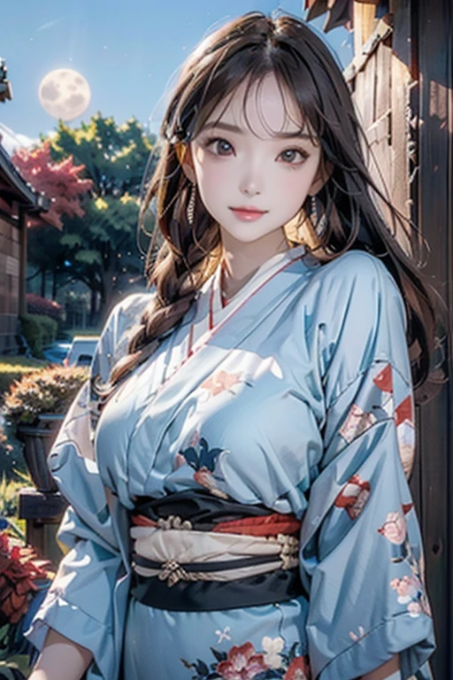 (Official Art、Highest quality、Unity 8k wallpaper、32K、masterpiece、Ultra-detailed、Ultra-high resolution、Oil painting style:1.2)、Slender、Ample breasts、(whole body:1.2)、Highly detailed background、Realistic students、Sharp pupils、Blurred Background、Beautiful girl in yukata、(Highly detailed face and eyes、Beautiful Face、Highly detailed skin、Detailed skin texture:1.3)、Japanese garden、Cowboy Shot、Sitting on the porch、moon明かり、空に浮かぶ満moon、moon、dumpling、Autumn scenery、