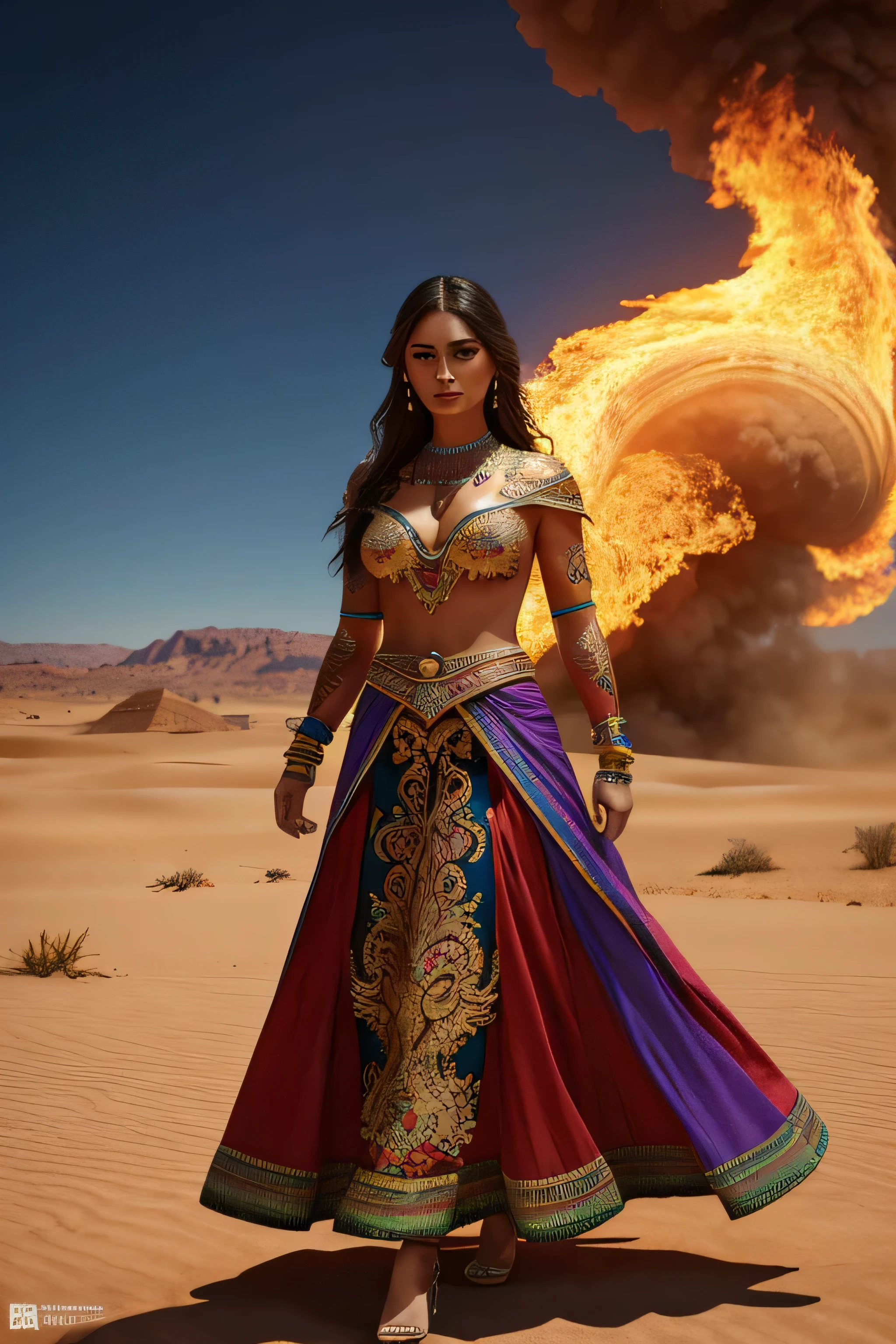 create Mariana Davalos in Full body photography of the most beautiful artwork in the world, a beautiful woman in intricate costume burning in the desert, rainbow colors, ArtStation, CGSociety, complex, high detail, clear focus, dramatic, realistic pictorial art trends Greg Rutkovsky