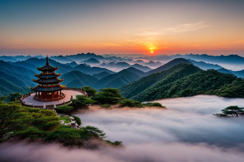 Huangshan Paiyun Pavilion，Sunset，Warm colors，Sea of Clouds，Ultra wide angle，ultra depth of field，Texture，National Geographic Award-winning work