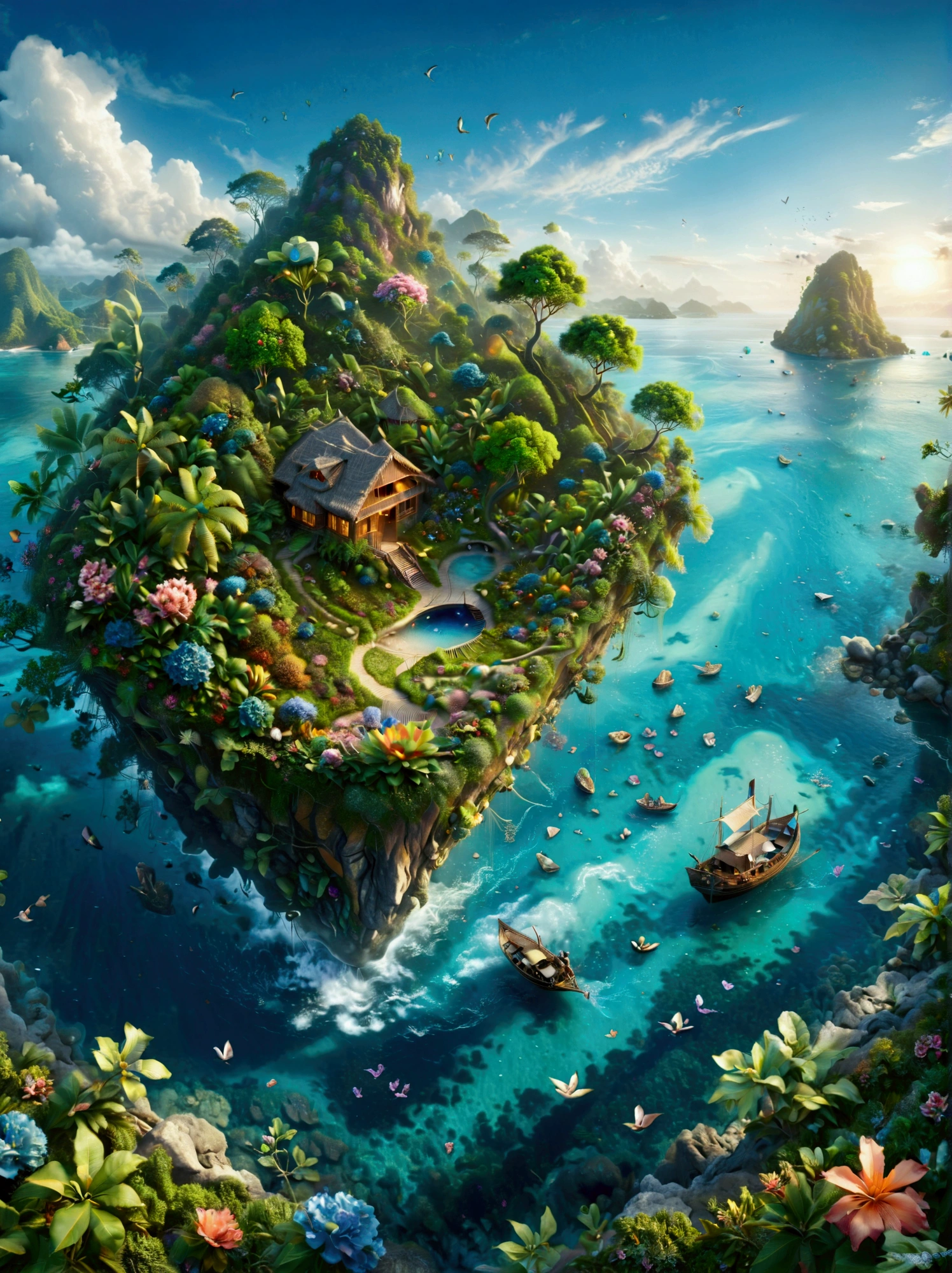 (Bird&#39;s eye view:1.5)，An ancient treasure map，Horizon leading to an exotic island。The island is covered with lush tropical vegetation、Mysterious ancient buildings and a towering mountain。This is an obvious destination for daring explorers。The sky is dotted with birds，There&#39;s a sense of adventure in the air，The boundless blue sea is inhabited by various marine creatures.。A wooden boat with an elegant sail awaits in the nearby bay.，Prepare to start a cross-sea journey。