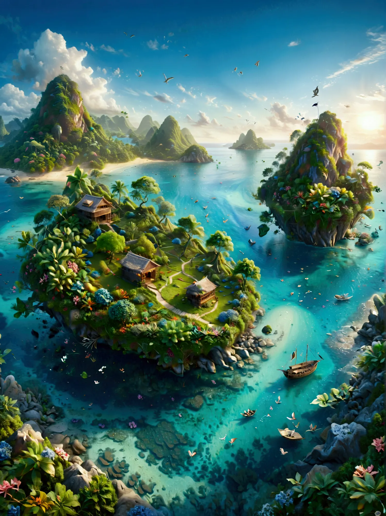 (bird&#39;s eye view:1.5)，an ancient treasure map，horizon leading to an exotic island。the island is covered with lush tropical v...