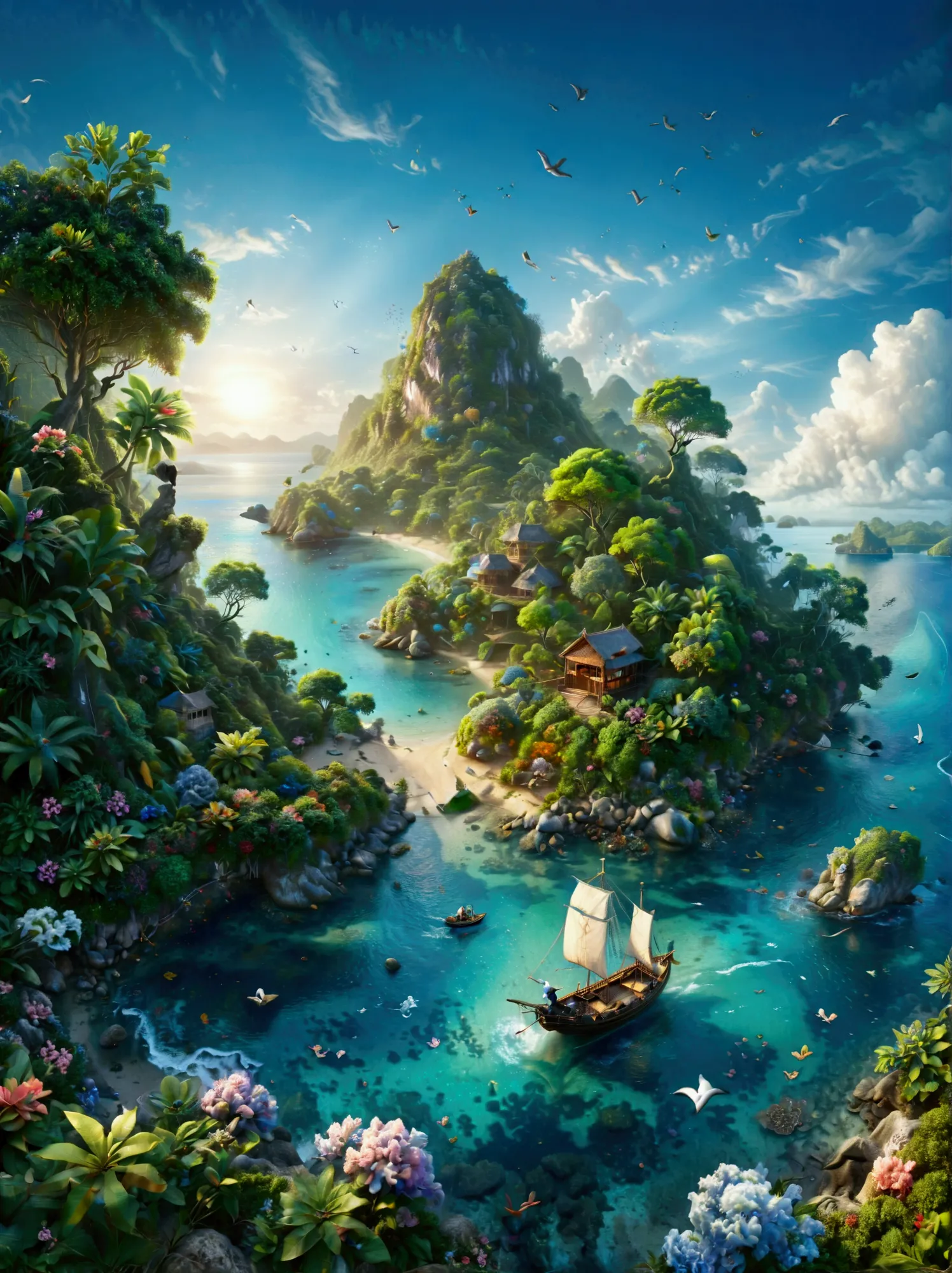 (bird&#39;s eye view:1.5)，an ancient treasure map，horizon leading to an exotic island。the island is covered with lush tropical v...