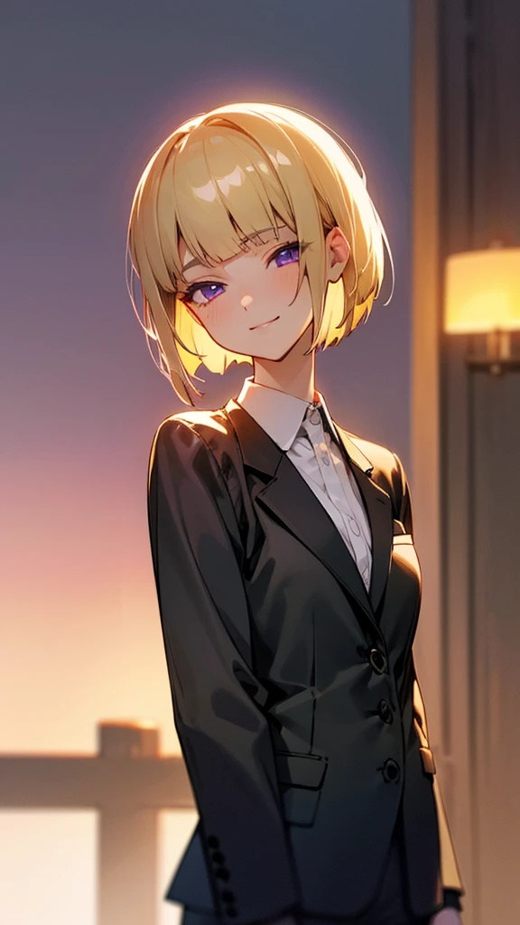 1 girl、8k、Sharp focus、(Bokeh) (Highest quality) (Detailed skin:1.3) (Intricate details) (anime)、(blonde)、short hair、Bobcut、Blunt bangs、Beautiful purple eyes、Slender body、From the side、Upper body close-up、White shirt、Black work trousers、Black Fitted Blazer、Calm face、Mouth closed、Cheeky Smile、Squint your eyes、Park in the background、sunset、Soft lighting.