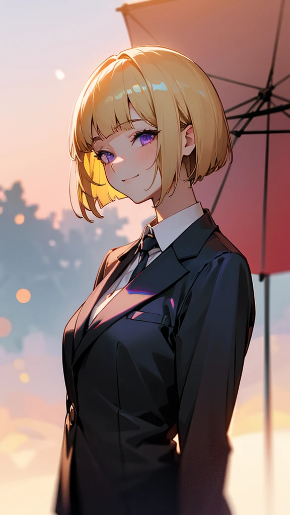 1 girl、8k、Sharp focus、(Bokeh) (Highest quality) (Detailed skin:1.3) (Intricate details) (anime)、(blonde)、short hair、Bobcut、Blunt bangs、Beautiful purple eyes、Slender body、From the side、Upper body close-up、White shirt、Black work trousers、Black Fitted Blazer、Calm face、Mouth closed、Cheeky Smile、Squint your eyes、Park in the background、sunset、Soft lighting.