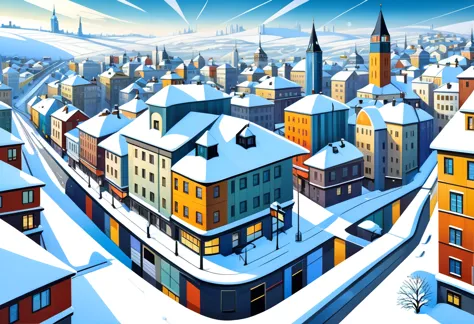 cubist futurism, panorama, super detail, best quality, highres, high quality, masterpiece, landscape, winter city, covered with ...