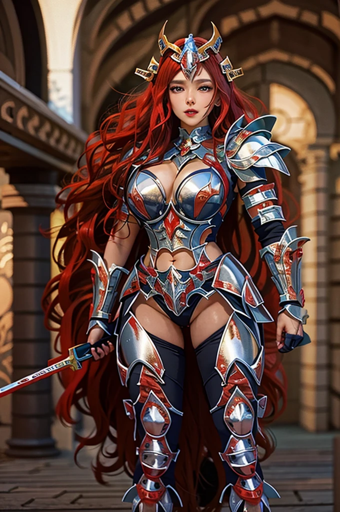 A European adult woman in Griffin armor. ,Heavy metal armor, Rich long red hair, Red lips, eye shadow, Natural Makeup, Long and curly hair, Very glamorous, Huge breasts、secondlife Avatar, Beautiful screenshots, secondlife, Attractive woman, high quality, Highly detailed skin, Dynamic pose