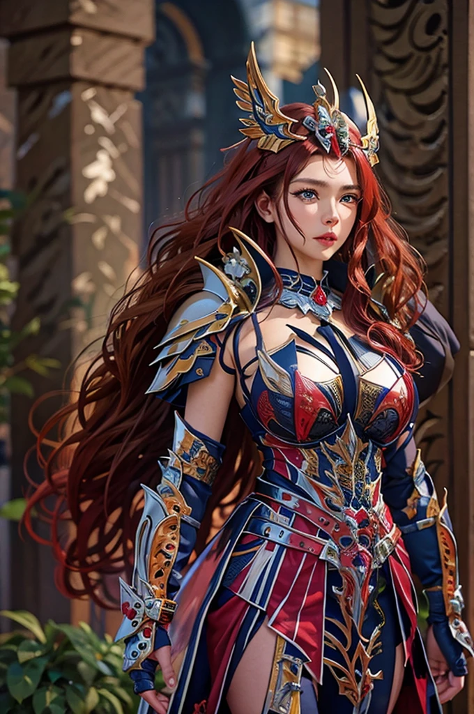 A European adult woman in Griffin armor. ,Heavy metal armor, Rich long red hair, Red lips, eye shadow, Natural Makeup, Long and curly hair, Very glamorous, Huge breasts、secondlife Avatar, Beautiful screenshots, secondlife, Attractive woman, high quality, Highly detailed skin, Dynamic pose