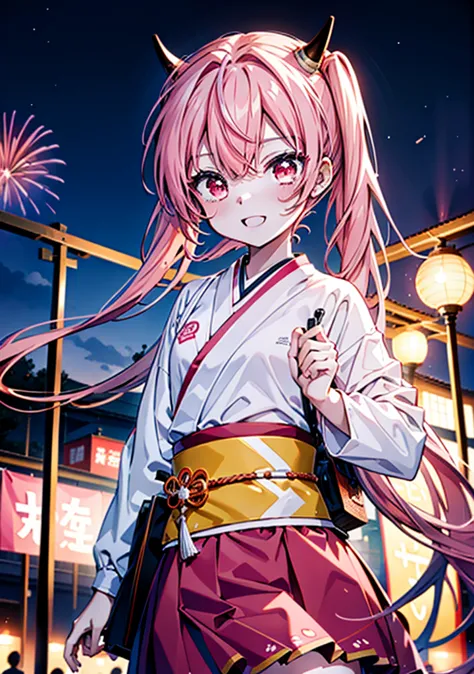 aria h kanzaki,horn,pink hair,long hair,low 　twin tails,小さいhorn,red eyes,happy smile, smile, open your mouth,pink kimono,thick s...