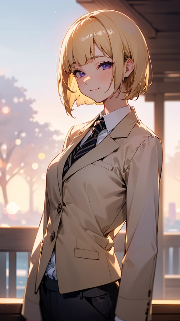 1 girl、8k、Sharp focus、(Bokeh) (Highest quality) (Detailed skin:1.3) (Intricate details) (anime)、(blonde)、short hair、Bobcut、Blunt bangs、Beautiful purple eyes、Slender body、From the side、Upper body close-up、White shirt、Black work trousers、Black Fitted Blazer、Calm face、Mouth closed、Cheeky Smile、Squint your eyes、Park in the background、sunset、Soft lighting.