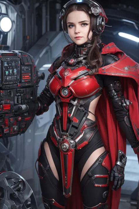 the picture shows a (cute) adeptus mechanicus girl. her gaze is penetrating, and her face is hidden under a mask with monitors a...