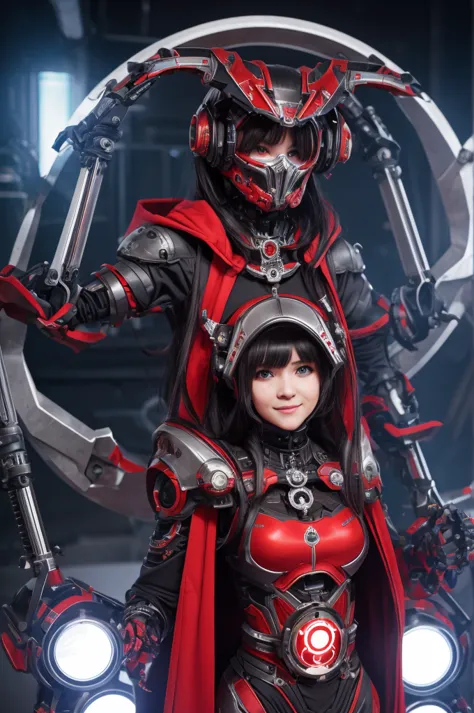 The picture shows a (cute) Adeptus Mechanicus girl. Her gaze is penetrating, and her face is hidden under a mask with monitors a...