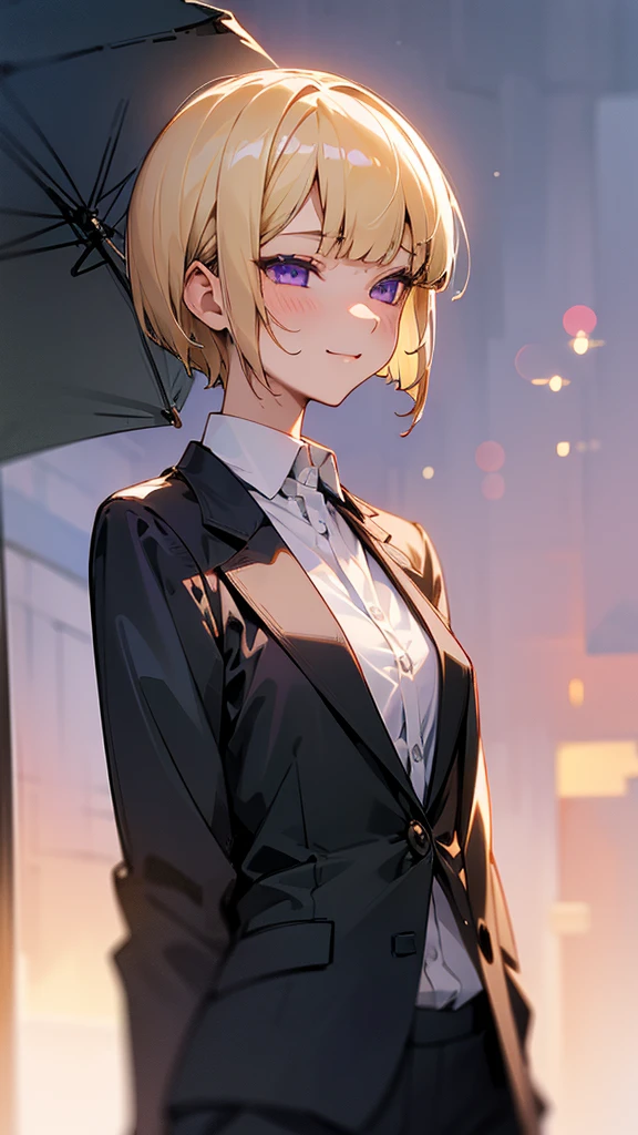 1 girl、8k、Sharp focus、(Bokeh) (Highest quality) (Detailed skin:1.3) (Intricate details) (anime)、(blonde)、short hair、Bobcut、Blunt bangs、Beautiful purple eyes、Slender body、From the side、Upper body close-up、White shirt、Black work trousers、Black Fitted Blazer、Calm face、Mouth closed、Cheeky Smile、Squint your eyes、Park in the background、sunset、Soft lighting.