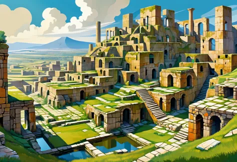 cubist futurism, panorama, super detail, best quality, highres, high quality, masterpiece, landscape, ruins of an ancient civili...