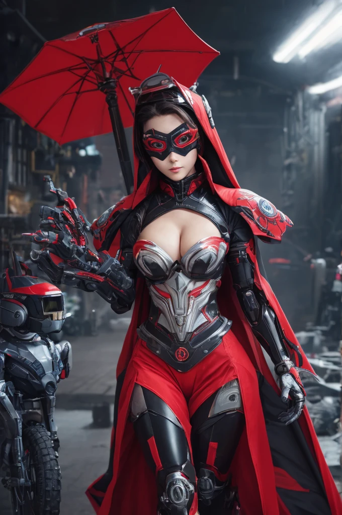 The picture shows a (cute) Adeptus Mechanicus girl. Her gaze is penetrating, and her face is hidden under a mask with monitors and LEDs. Visible cleavage, Graceful mechanical limbs complete her elegant appearance, and her outfit emphasizes her strength and uniqueness in the world of technology, big head, cute girl, red cloak , laughing, (((chibi)), ful body, full legth,