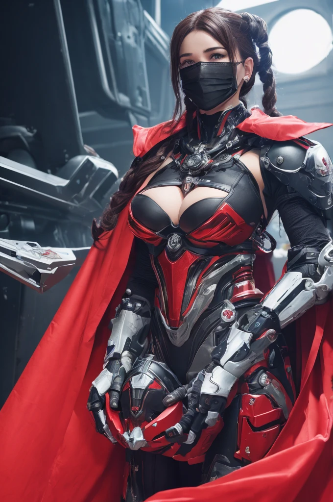 The picture shows a (cute) Adeptus Mechanicus girl. Her gaze is penetrating, and her face is hidden under a mask with monitors and LEDs. Visible cleavage, Graceful mechanical limbs complete her elegant appearance, and her outfit emphasizes her strength and uniqueness in the world of technology, big head, cute girl, red cloak , laughing, (((chibi)), ful body, full legth,