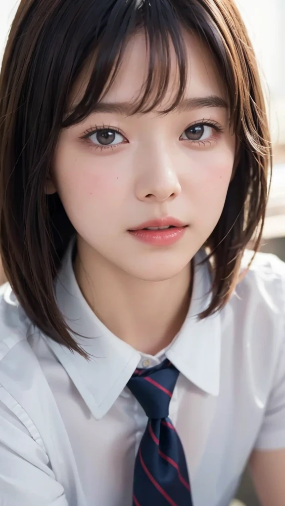 (highest quality:1.4)、(masterpiece:1.4)、Raw photo、8k、highest quality、high resolution、Beautiful face in every detail、Realistic human skin、Gentle expression、View from the front、color々From an angle、(Bob Hair)、(beautiful girl:1.4)、(the most beautiful girl in school:1.3)、Realistic、((One Woman))、Photorealistic、With bangs、((Beautiful Hair))、cute、(High school girls)、JK Uniform、(Schoolgirl Uniform)、White shirt、tie、Red cheeks、((She's in love))、sexual excitement、[[Long eyelashes]]、((After Kiss))、The excitement of kissing