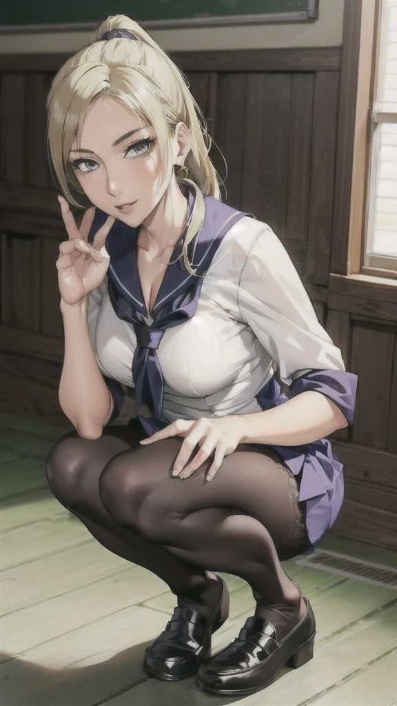 ((Correct Anatomy)),(Female student),((school uniform)),((Sailor suit)),((Lace panties)),(Mini Pleated Skirt),(((Black Pantyhose)),((squat)),Ultra-high resolution,Mature Woman, Mature Woman, Very detailed,Perfect hands, Detailed fingers, Beautiful details, ((Long blonde hair)),((ponytail)),loafers,Earrings,Embarrassing,Perfect Eyes, Captivating eyes,classroom