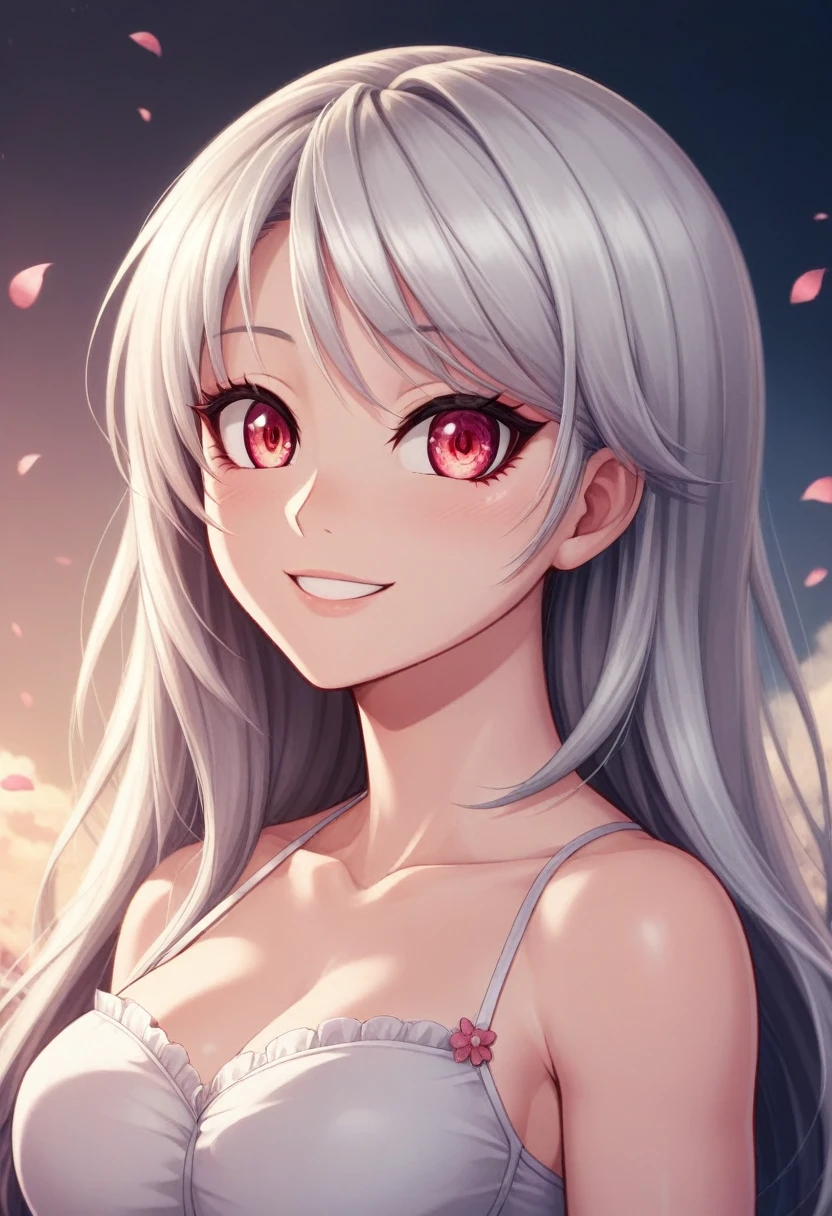 masterpiece, Highest quality,, One girl, (colorful),(Beautifully detailed eyes and face),cinematic Lighting,Bust Shot,Highly detailed CG Unity 8k wallpaper,Gray Hair,alone,smile,Complex skirt,((Flying petals)),(Flowery meadow), null, cloudy_null, building, moonLight, moon, night, (Dark Theme:1.3), Light, Fantasy,