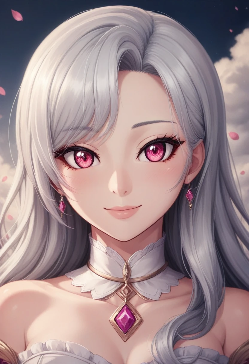 masterpiece, Highest quality,, One girl, (colorful),(Beautifully detailed eyes and face),cinematic Lighting,Bust Shot,Highly detailed CG Unity 8k wallpaper,Gray Hair,alone,smile,Complex skirt,((Flying petals)),(Flowery meadow), null, cloudy_null, building, moonLight, moon, night, (Dark Theme:1.3), Light, Fantasy,