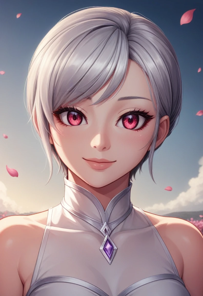 masterpiece, Highest quality,, One girl, (colorful),(Beautifully detailed eyes and face),cinematic Lighting,Bust Shot,Highly detailed CG Unity 8k wallpaper,Gray Hair,alone,smile,Complex skirt,((Flying petals)),(Flowery meadow), null, cloudy_null, building, moonLight, moon, night, (Dark Theme:1.3), Light, Fantasy,