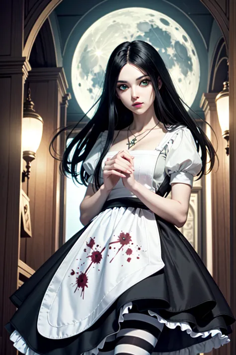 (masterpiece, best quality)
alisauzhasi, 1 girl, one, black hair, flower, dress, rose, blood, long hair, jewelry, apron, necklac...