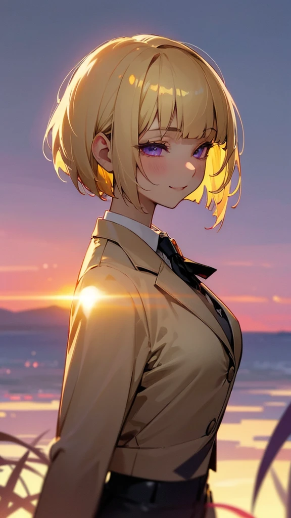 1 girl、8k、Sharp focus、(Bokeh) (Highest quality) (Detailed skin:1.3) (Intricate details) (anime)、(blonde)、short hair、Bobcut、Blunt bangs、Beautiful purple eyes、Slender body、From the side、Upper body close-up、White shirt、Black work trousers、Black Fitted Blazer、Calm face、Mouth closed、Cheeky Smile、Squint your eyes、Park in the background、sunset、Soft lighting.