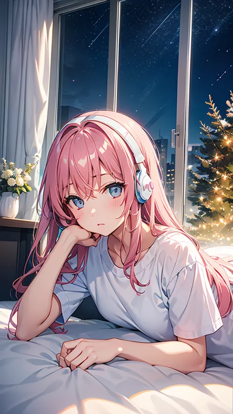 Girl lying in bed，hair is pink，headphones in ears，Starry sky in the window