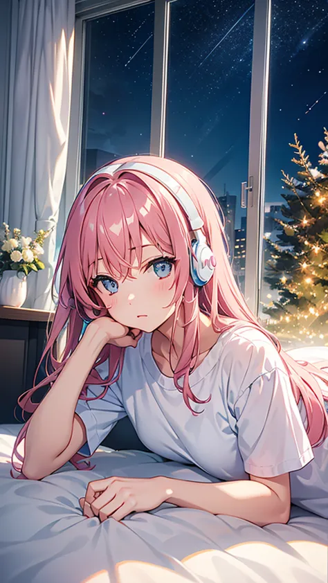 girl lying in bed，hair is pink，headphones in ears，starry sky in the window