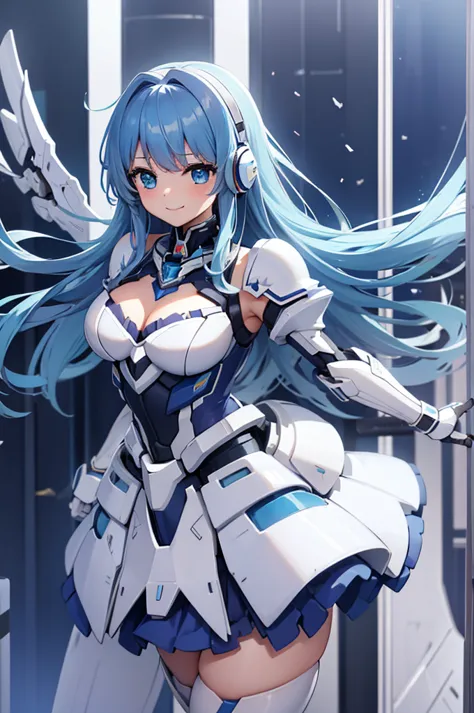 mecha wings、white and blue skirt、accentuated thighs、white tights、chest、beautiful blue hair、1 girl、solo girl、thick thighs、is、fram...