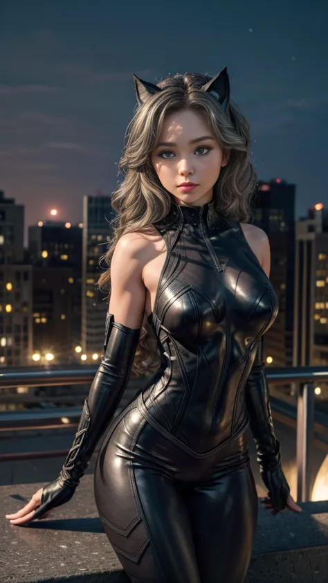 (​masterpiece、4k resolution、a hyper-realistic、ighly detailed)、(black superheroes theme、charisma、brec bassinger in a catwoman cos...