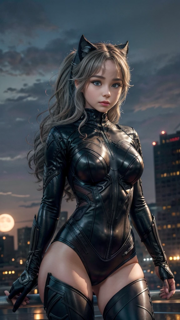 (​masterpiece、4K resolution、A hyper-realistic、ighly detailed)、(Black Superheroes theme、Charisma、Brec Bassinger in a Catwoman costume above the town、She's a superhero)、 [((25-years old)、(Long grey hair:1.2)、full body Esbian、(blue eyess:1.2)、((Catwoman Pose)、show of strength、Jump from one building to another)、((Sandy environment):0.8)|(A city scape、natta、Dinamic Light)、(fullmoon)]#illustrate:Prompts are mainly ultra high definition、very real、Describes highly detailed 4K paintings。A superheroine in a Catwoman costume is depicted at the top of the city。The photo theme is a black superhero theme。(((posterior view))), Wide-angle lens shooting, Neon lights, (((Shooting from below))),((athletic and fit body)),(big breasts) 
