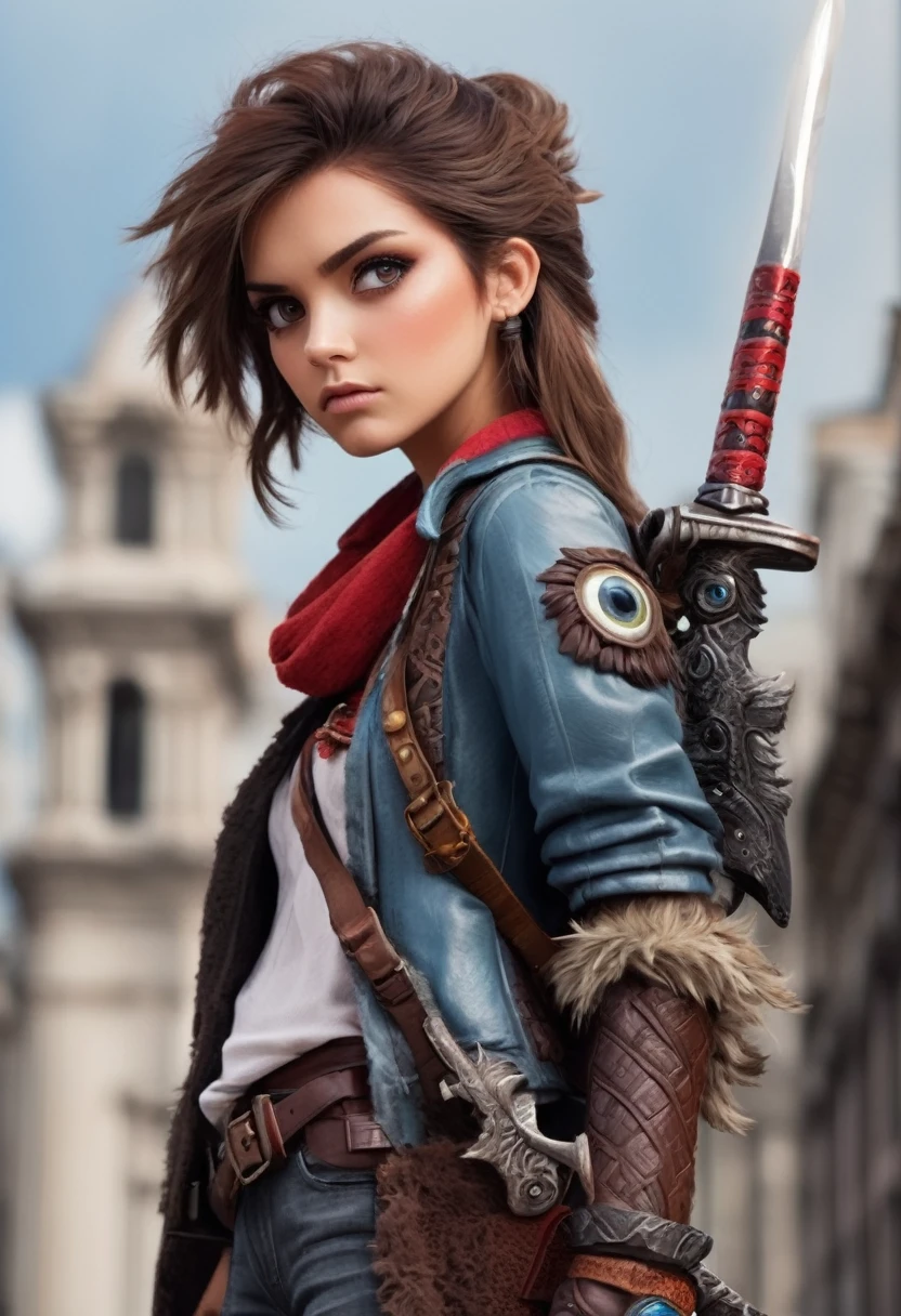 brunette hair, mascle, Eyes red, serious expression, Monster hunter style, hand sword, Ruffian, High details