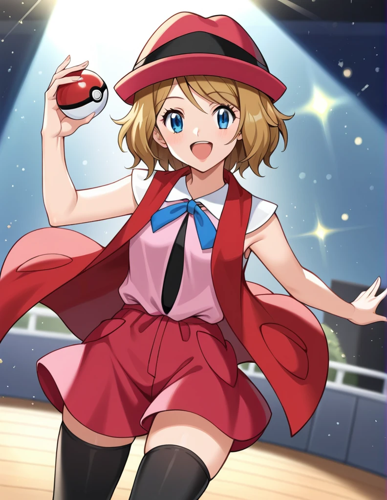 score_9, score_8_up, score_7_up, source_anime, rating_safe, BREAK serena \(pokemon\), 1girl, blue eyes, eyelashes, short hair, blonde hair, hat, neck ribbon, blue ribbon, pink shirt, sleeveless, bare arms, red jacket, pink skirt, black thighhighs, dutch angle, hand up, smile, happy, open mouth, holding poke ball, light particles, light rays, dutch angle, aura, backlighting, confetti, light particles, light rays, stage, stage lights, spot light