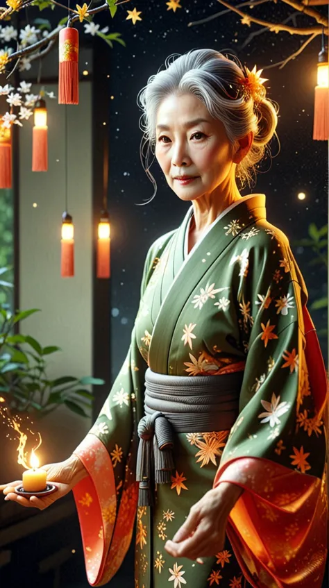 elementfire orange 庭の手入れをするfair skin, women around 70 years old, natural gray hair, characteristic green eyes,wear kimono, slend...