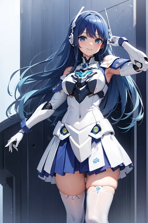 mecha wings、white and blue skirt、accentuated thighs、white tights、chest、beautiful dark blue hair、1 girl、solo girl、thick thighs、is...