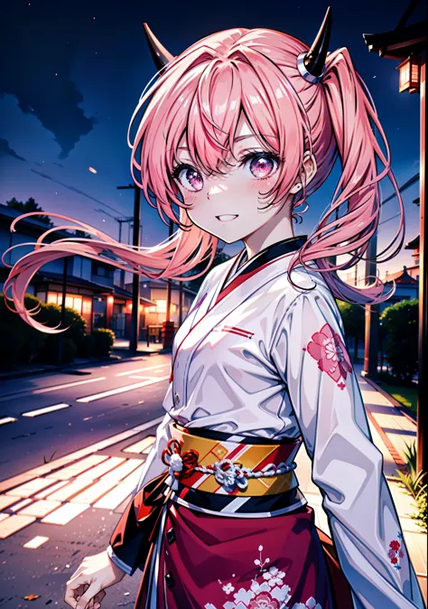 aria h kanzaki,horn,pink hair,long hair,low 　twin tails,小さいhorn,red eyes,happy smile, smile, open your mouth,pink kimono,日本のfest...