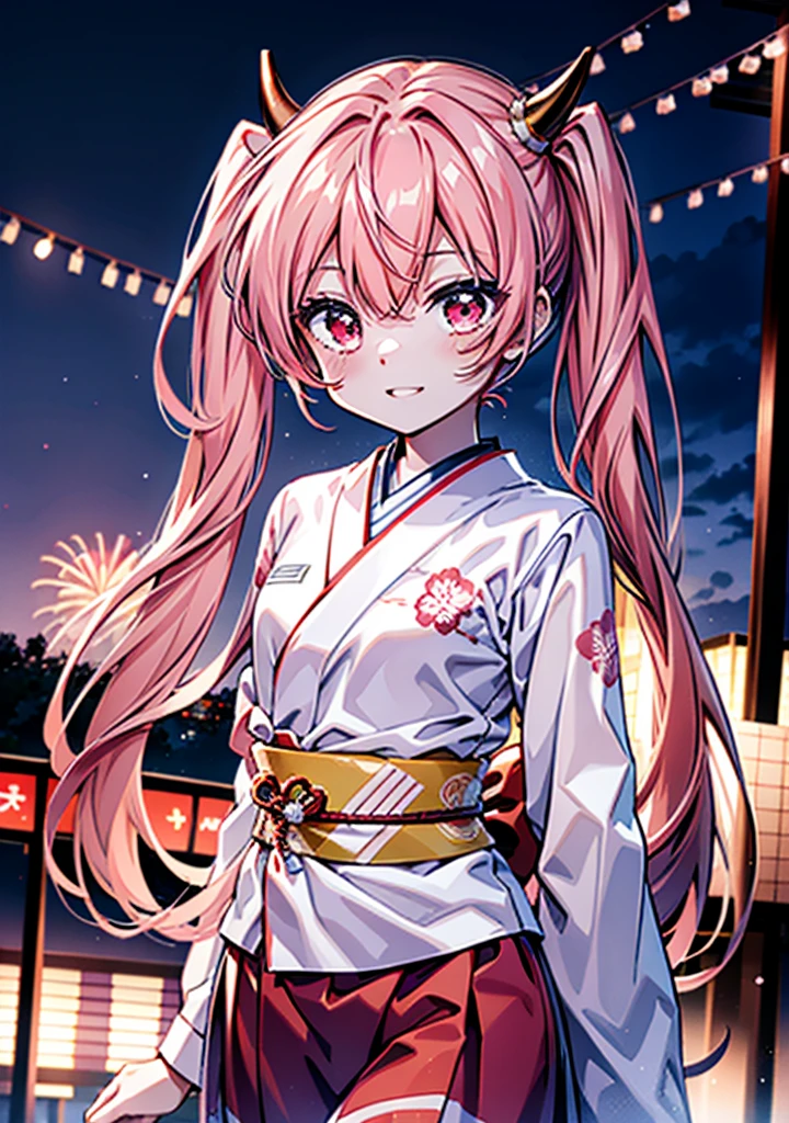 Aria H Kanzaki,corne,cheveux roses,cheveux longs,faible 　Queues jumelles,小さいcorne,les yeux rouges,happy sourire, sourire, Ouvrez la bouche,Kimono rose,fête japonaise,stands du festival d&#39;été,Lanterne rouge,nuit,nuit空のfeu d&#39;artifice,feu d&#39;artifice,場所はfeu d&#39;artifice大会,時間はnuitです,journée ensoleillée,　　　　　　　　　　　　　　　  　　　　　casser looking at viewer, Haut du corps, (tir de cow-boy:1. 5),  　　　　　
casser outdoors, festival,tombeau,
casser (chef-d&#39;œuvre:1.2), la plus haute qualité, haute résolution, unité 8k fond d&#39;écran, (forme:0.8), (Belle attention aux détails:1.6), Visage très détaillé, éclairage parfait, CG très détaillé, (des mains parfaites, Anatomie parfaite),