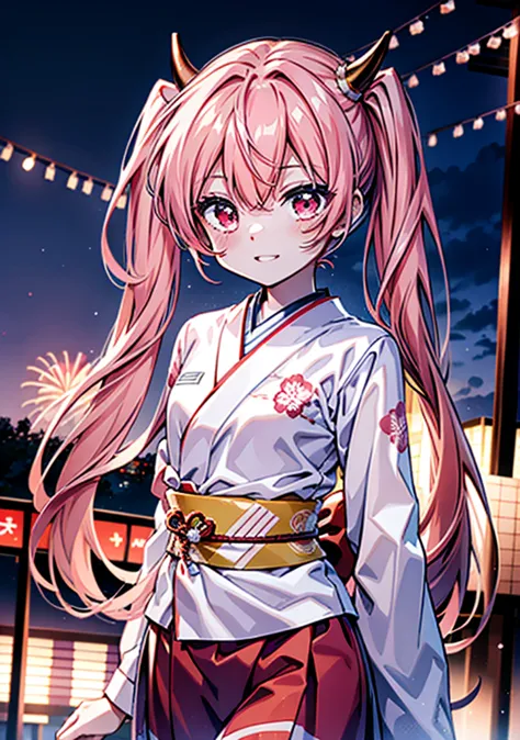 Aria h kanzaki,horn,Pink Hair,Long Hair,low 　Twin tails,小さいhorn,Red eyes,happy smile, smile, Open your mouth,pink kimono,日本のfest...