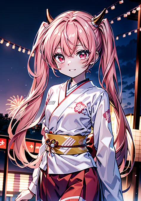 aria h kanzaki,horn,pink hair,long hair,low 　twin tails,小さいhorn,red eyes,happy smile, smile, open your mouth,pink kimono,日本のfest...