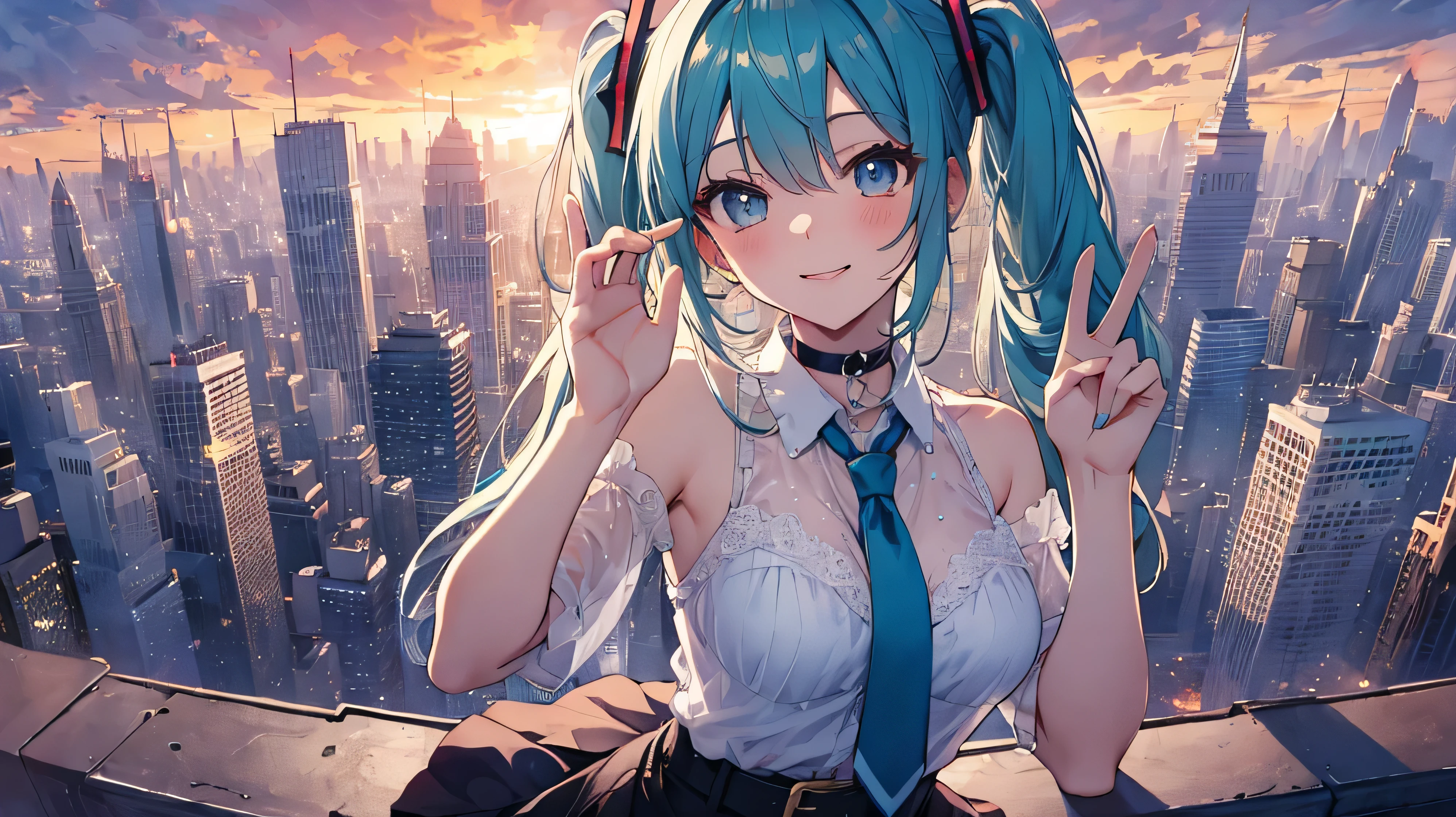 soles, obra maestra, Hatsune Miku, 1 person, solo, inhalación de cabello, frente, cielo azul, partícula blanca brillante, (iluminación lateral:1.2), Amanecer , nube rosa, nubes detalladas, esbelto, Preciosos pechos pequeños expuestos, sonrisa súper linda con dientes, mejilla roja, rubor, hermoso cabello verde, luz magica, ojos azules profundos y brillantes, linda pausa femenina, Lleva tus senos hacia adentro y empújalos hacia arriba., Gargantilla, blusa negra transparente con corbata verde, falda azul , Cinturón blanco, arboleda larga y negra,en el techo del edificio, hermoso fondo de vista de la ciudad súper detallado, plano general, dar un guiño, dando el signo de la paz, cantante, Cantando