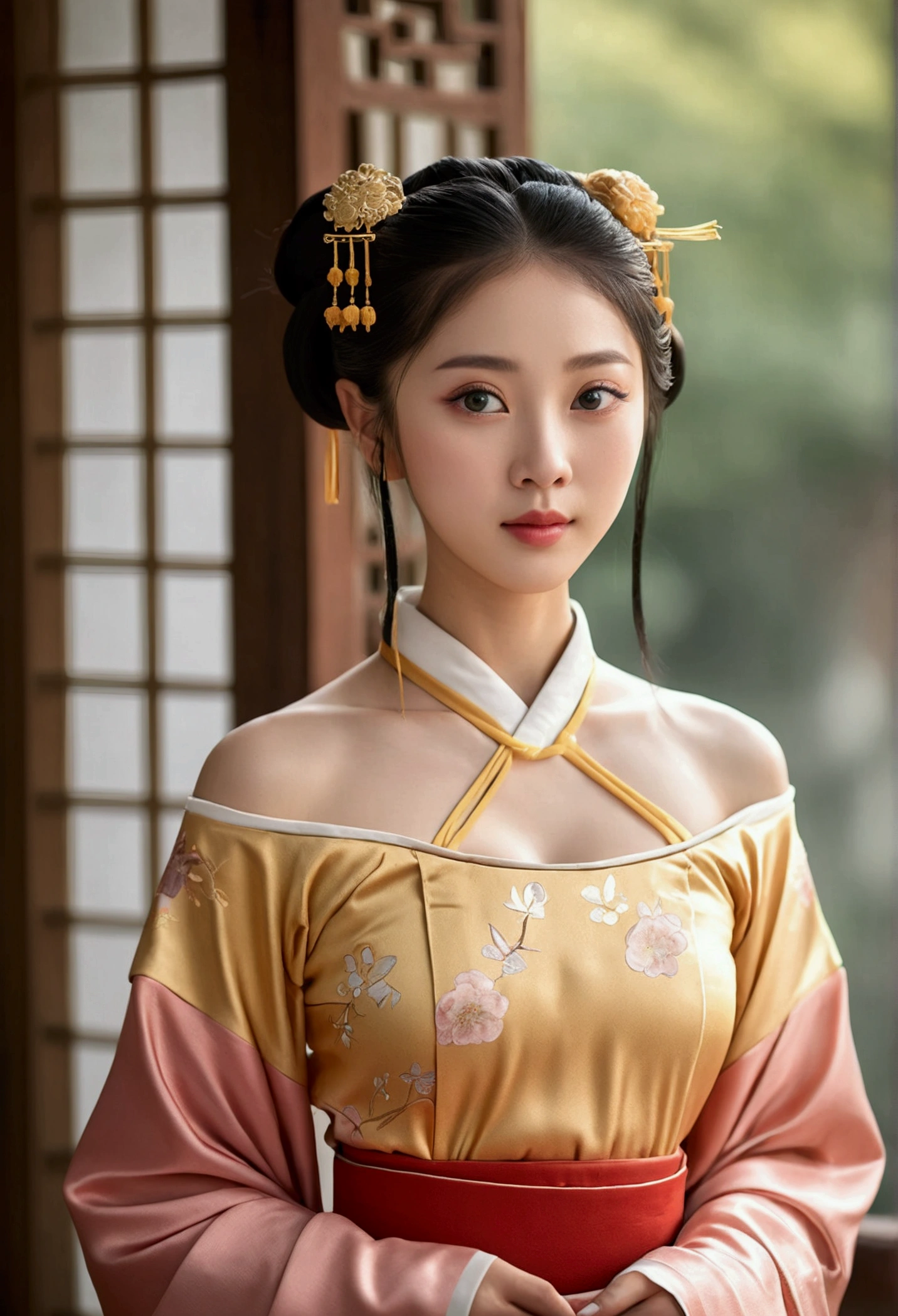 Best Quality, Masterpiece, High Resolution, 1girl, Hanfu, Tang Dynasty Costume, Small, Flat Chest, Collarbone, Off-the-Shoulder Exquisite Face, Realistic, Real People, (High Detail Skin: 1.4), SLR, Soft Light, High Quality, Photo, High Resolution, Background Bokeh, Vintage Street