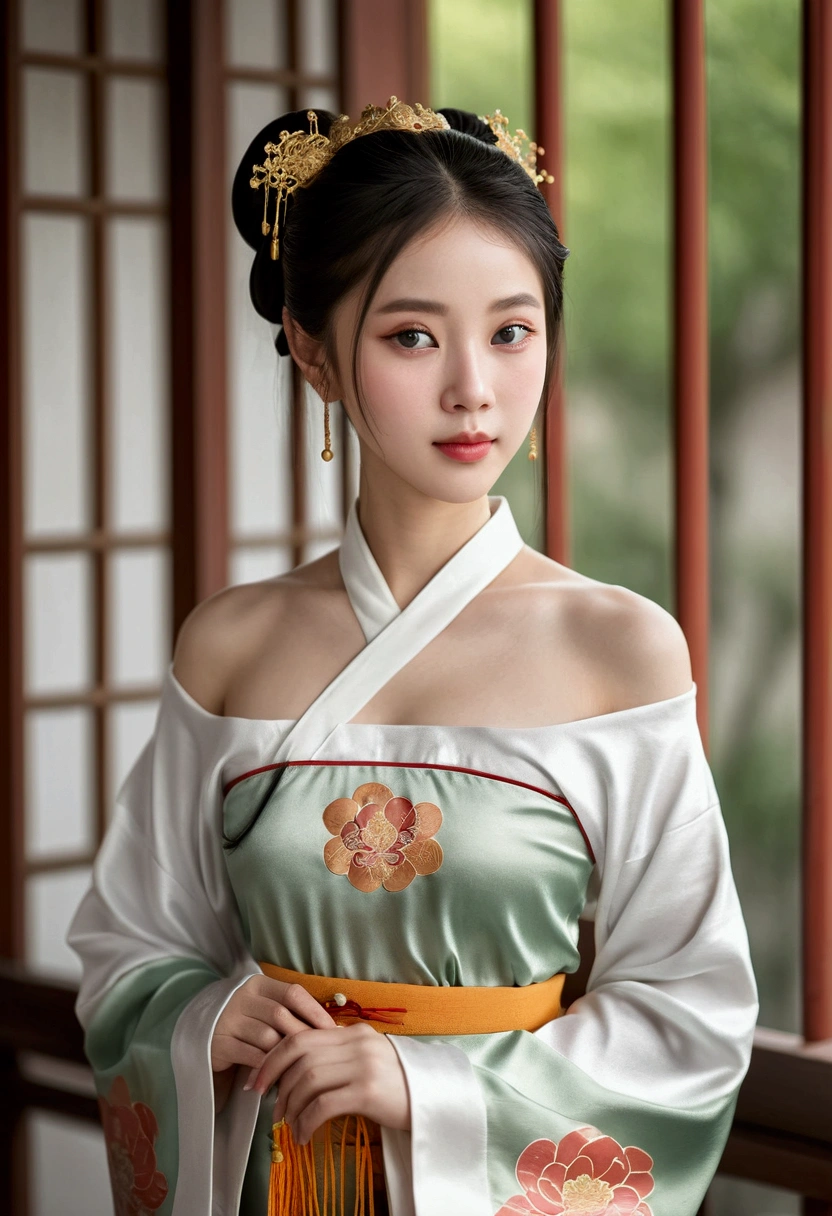 Best Quality, Masterpiece, High Resolution, 1girl, Hanfu, Tang Dynasty Costume, Small, Flat Chest, Collarbone, Off-the-Shoulder Exquisite Face, Realistic, Real People, (High Detail Skin: 1.4), SLR, Soft Light, High Quality, Photo, High Resolution, Background Bokeh, Vintage Street