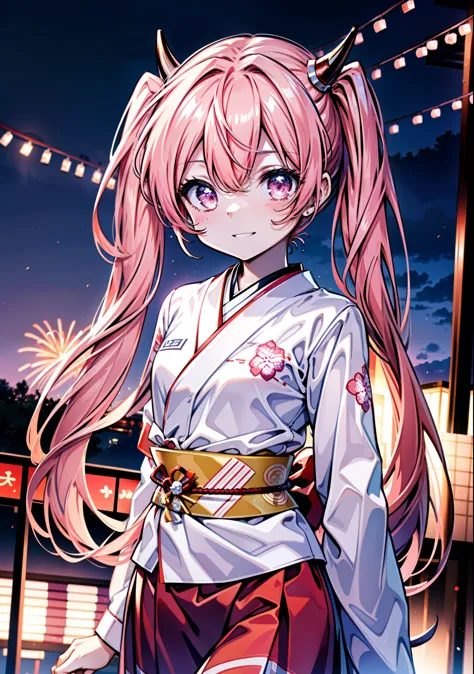 aria h kanzaki,horn,pink hair,long hair,low 　twin tails,小さいhorn,red eyes,happy smile, smile, open your mouth,pink kimono,日本のfest...